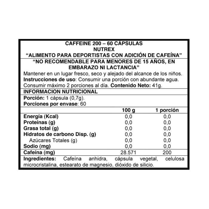 Información nutricional de Caffeina 200 · 60 caps