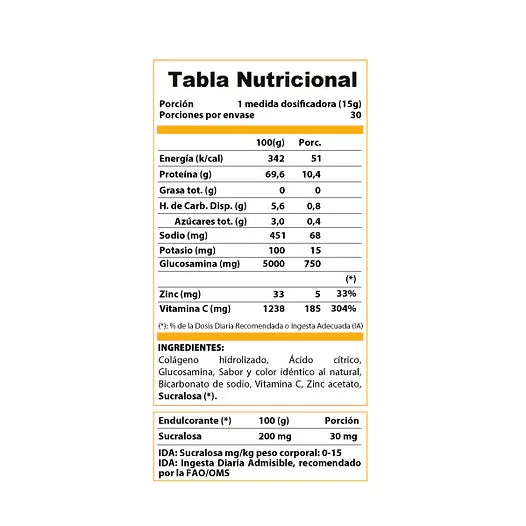 Información nutricional de Colágeno Hidrolizado 300 g · Naranja