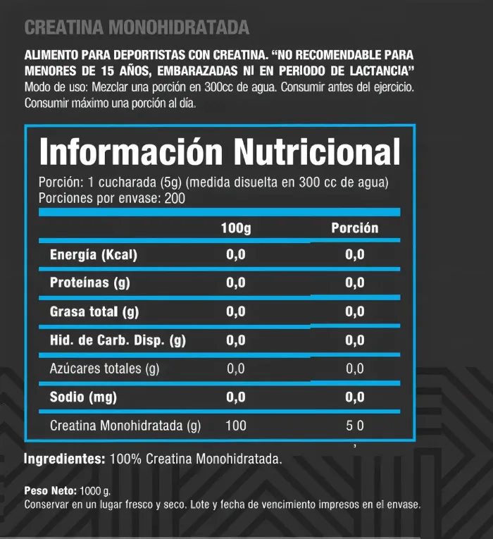 Información nutricional de Creatina Monohidrato 1 kg
