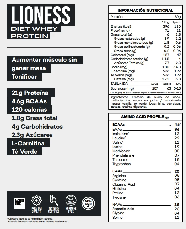 Información nutricional de LIONESS Diet Whey Protein 5 lb