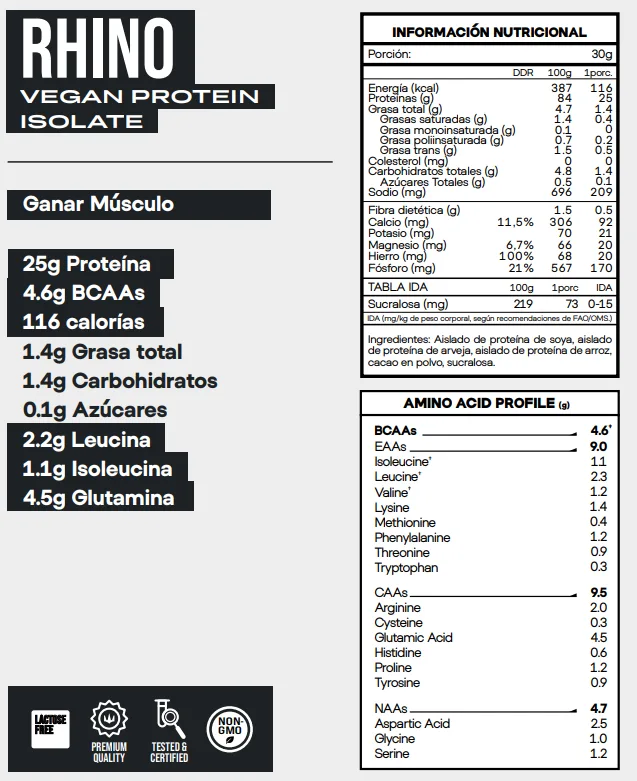 Información nutricional de RHINO Vegan Protein Isolate 5 lb