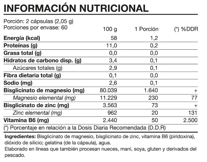 Información nutricional de ZMA Complex 120 caps